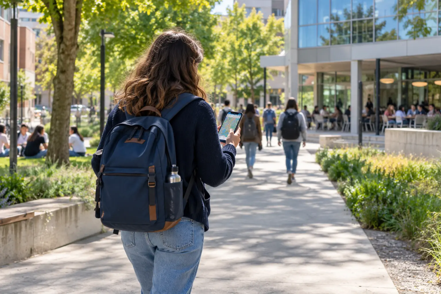 Étudiante marchant vers une cafétéria sur un campus universitaire