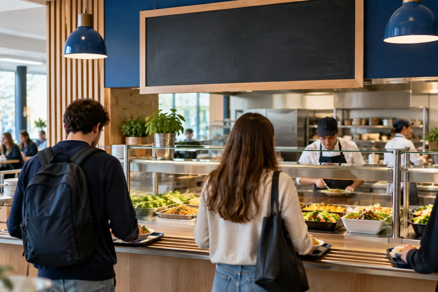 Comptoir de cafétéria universitaire ouvert avec tableau de menu vierge