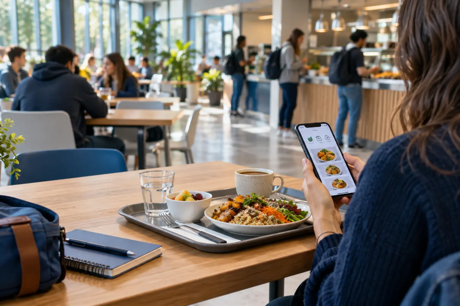 Pause déjeuner sur un campus universitaire, plateau-repas et téléphone affichant un menu